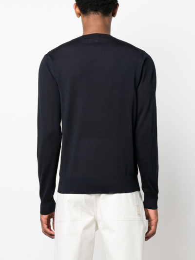 Shop Emporio Armani Embroidered-logo Wool Knit Sweater In Blue