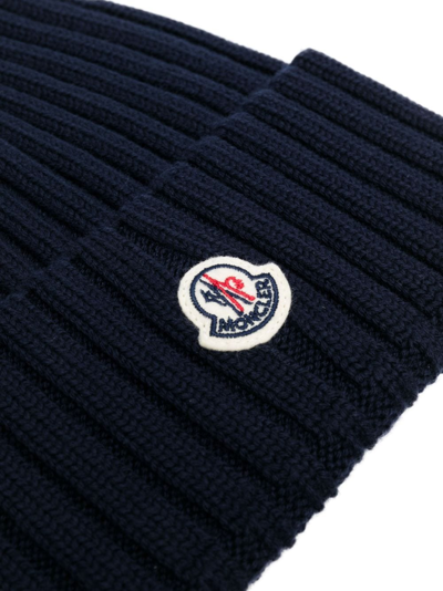 Shop Moncler Logo-patch Ribbed-knit Beanie In Blue
