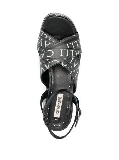 Shop Roberto Cavalli 70mm Logo-print Wedge Sandals In Black