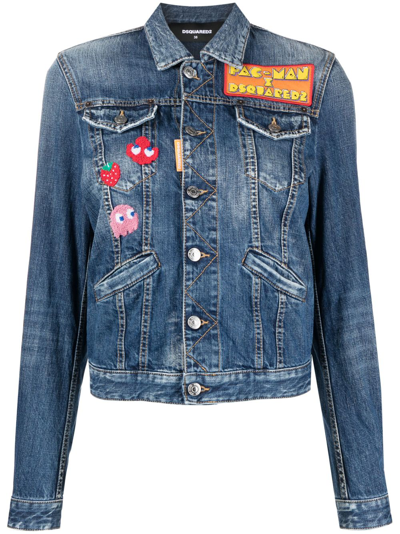 Shop Dsquared2 X Pac-man Appliqué Denim Jacket In Blue