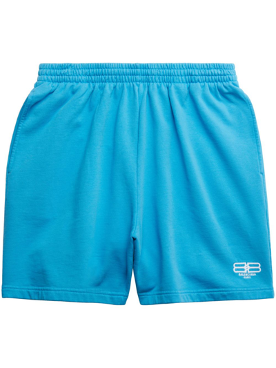 Shop Balenciaga Embroidered-logo Cotton Shorts In Blue