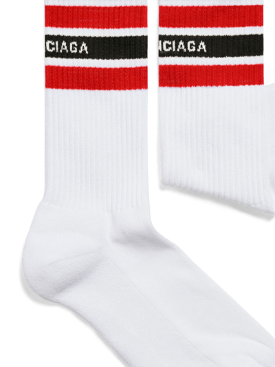 Shop Balenciaga Striped Logo-print Crew Socks In White