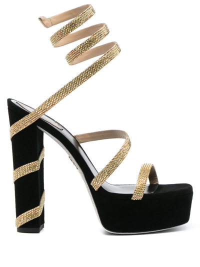Shop René Caovilla Black Crystal Embellished Sandals In Gold