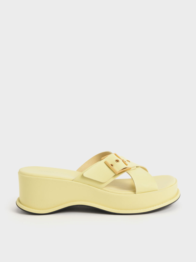 Shop Charles & Keith - Buckled Crossover Platform Sandals In Yellow