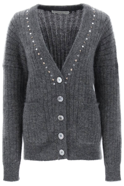 Shop Alessandra Rich Cardigan With Studs And Crystals In Grey Melange (grey)