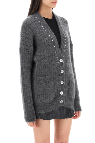 Shop Alessandra Rich Cardigan With Studs And Crystals In Grey Melange (grey)