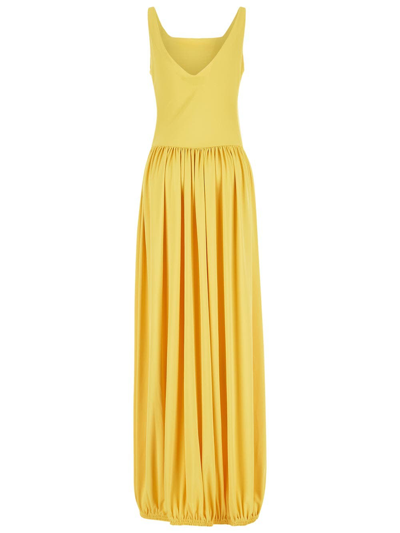 Shop Lanvin Gathered Skirt V-neckline Long Dress In Yellow