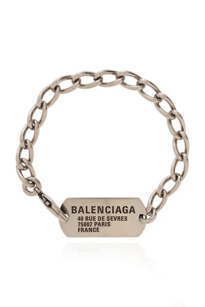 Shop Balenciaga Logo Engraved Bracelet In Silver