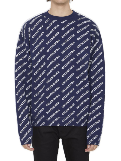 Shop Balenciaga Allover Logo Printed Crewneck Knit Jumper In Multi