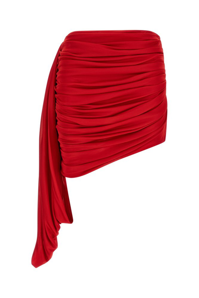Shop Andrea Adamo Ruched Asymmetric Bodycon Stretched Mini Skirt In Red