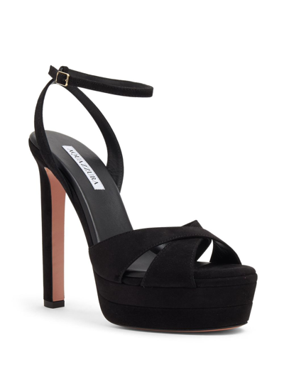 Aquazzura Be Mine Plateau 130 Crystal-embellished Grosgrain-trimmed Pleated Chiffon Platform Sandals In Black