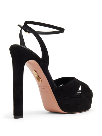 Aquazzura Be Mine Plateau 130 Crystal-embellished Grosgrain-trimmed Pleated Chiffon Platform Sandals In Black