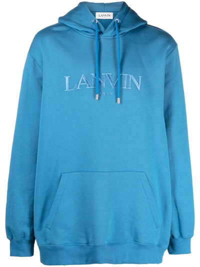 Shop Lanvin Embroidered-logo Fleece Hoodie In Blue