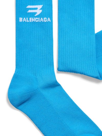 Shop Balenciaga Intarsia-logo Ribbed Socks In Blue