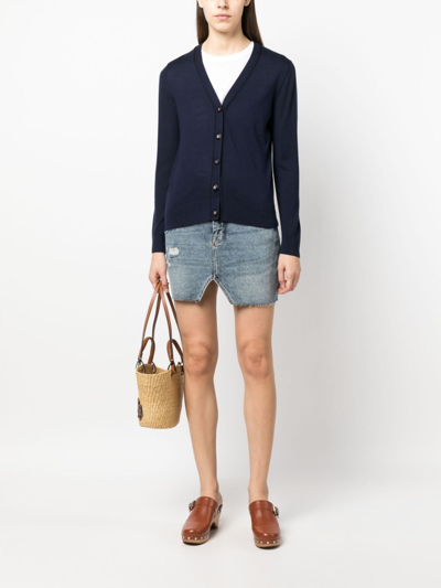 Shop Tory Burch Logo-embossed Buttons V-neck Cardigan In Blau