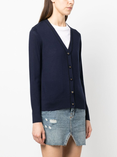 Shop Tory Burch Logo-embossed Buttons V-neck Cardigan In Blau
