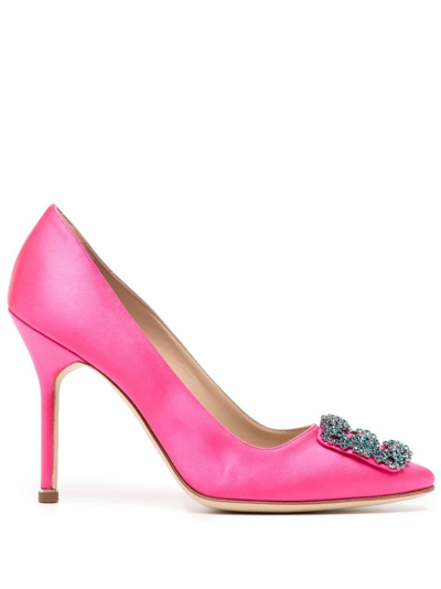 Shop Manolo Blahnik Fuchsia Hangisi Pumps With Light Blue Cistals In Pink