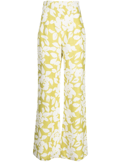 Shop Bambah Green Lilly Flared Linen Trousers In Yellow