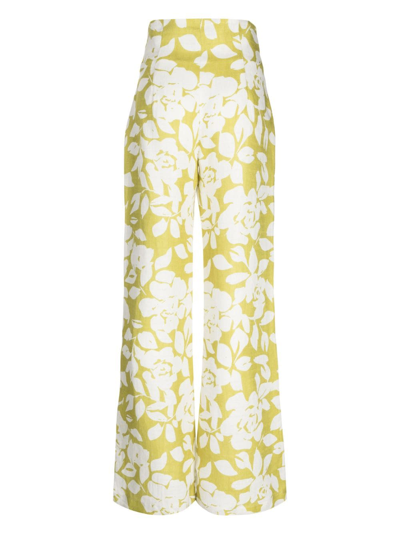 Bambah Green Lilly Flared Linen Trousers In Yellow