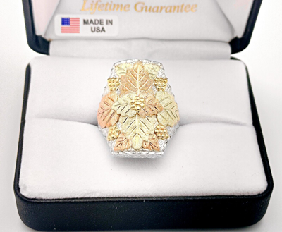Pre-owned Black Hills Gold Sterling Silver Men's Ring W 10k Gold Leaves Size 9 - 14