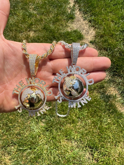 Pre-owned Scarface Moissanite Hip Hop 925 Silver Iced World Is Mine Spinning Globe Pendant Necklace In White