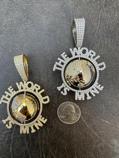 Pre-owned Scarface Moissanite Hip Hop 925 Silver Iced World Is Mine Spinning Globe Pendant Necklace In White