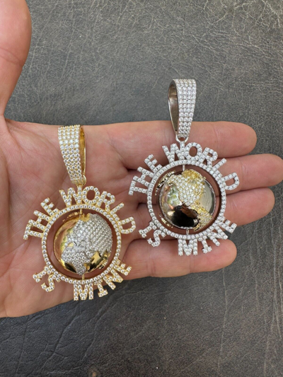 Pre-owned Scarface Moissanite Hip Hop 925 Silver Iced World Is Mine Spinning Globe Pendant Necklace In White