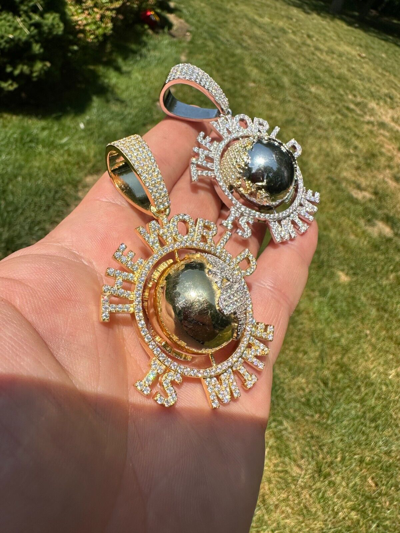 Pre-owned Scarface Moissanite Hip Hop 925 Silver Iced World Is Mine Spinning Globe Pendant Necklace In White