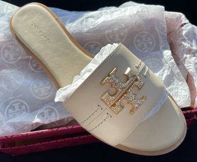 Pre-owned Tory Burch Everly Slide Sandals Calf Leather Crystal Logo Dulce De Leche In White