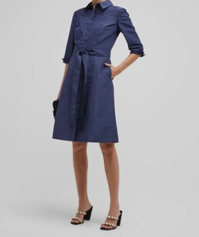 Pre-owned Carolina Herrera $2690  Women's Blue Faille Silk 3/4-sleeve Shirt Dress Size 8