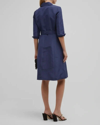 Pre-owned Carolina Herrera $2690  Women's Blue Faille Silk 3/4-sleeve Shirt Dress Size 8