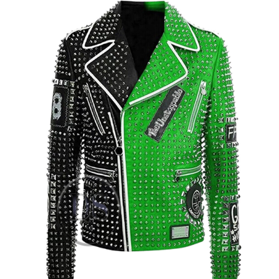 Pre-owned Handmade Men's Two Tone Silver Studded & Patches Genuine Leather Fashion Biker Jacket In Same As Shown In Picture