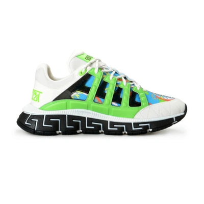 Pre-owned Versace Men's Trigreca Multi-color Leather Canvas Logo Sneakers Shoes In Multicolor