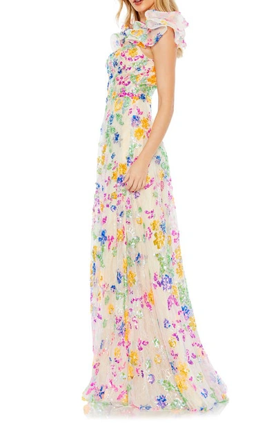 Shop Mac Duggal Floral Sequin Ruffle Sleeve A-line Gown In White Multi