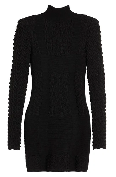 Shop Balmain Chevron Texture Long Sleeve Knit Body-con Dress In 0pa Black