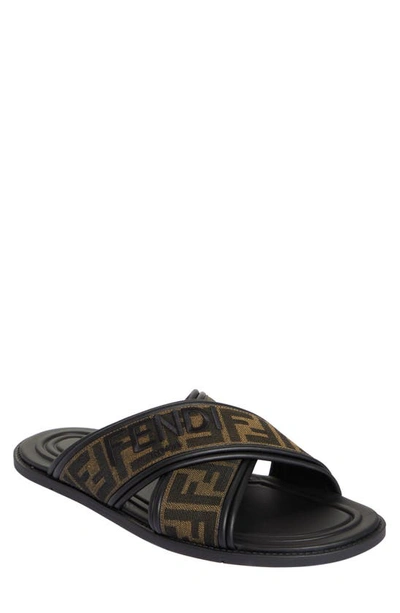 Fendi Double Crossed Band Logo Slides With Jacquard Ff Design In Black