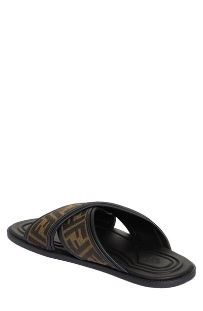 Fendi Double Crossed Band Logo Slides With Jacquard Ff Design In Black