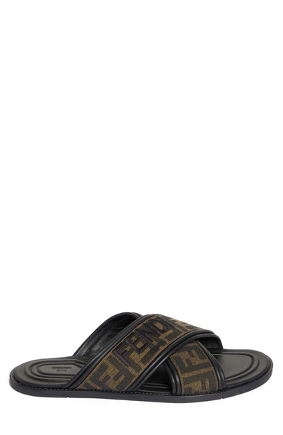 Fendi Double Crossed Band Logo Slides With Jacquard Ff Design In Black