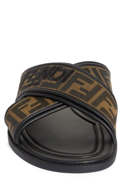 Fendi Double Crossed Band Logo Slides With Jacquard Ff Design In Black
