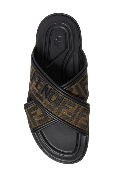 Fendi Double Crossed Band Logo Slides With Jacquard Ff Design In Black