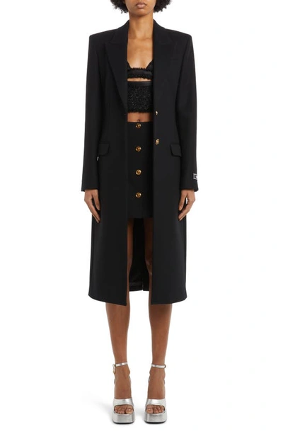 Shop Versace Longline Wool Blend Peacoat In Black