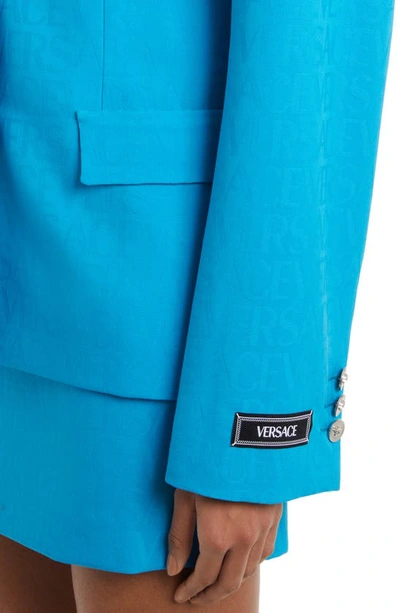 Shop Versace Logo Jacquard Virgin Wool Blazer In Mediterranean Blue