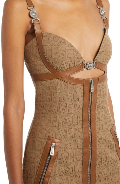 Shop Versace Logo Leather Trim Canvas Minidress In 2n740 Brown Beige