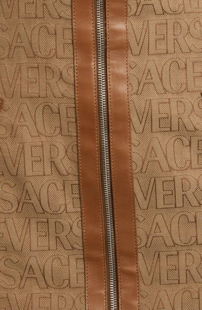 Shop Versace Logo Leather Trim Canvas Minidress In 2n740 Brown Beige