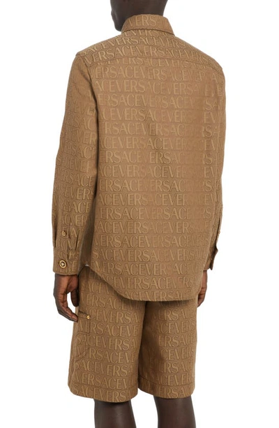 Shop Versace Logo Jacquard Button-down Overshirt In 2n740-brown Beige