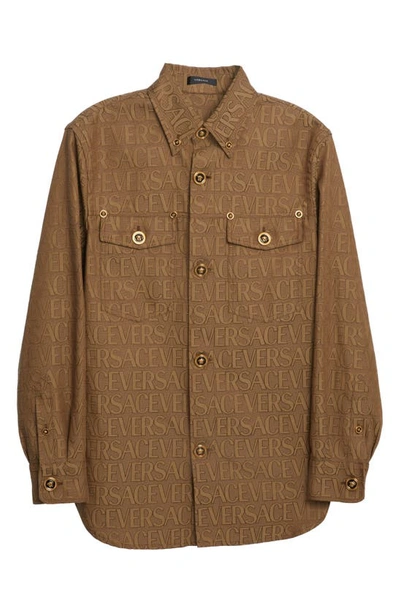 Shop Versace Logo Jacquard Button-down Overshirt In 2n740-brown Beige