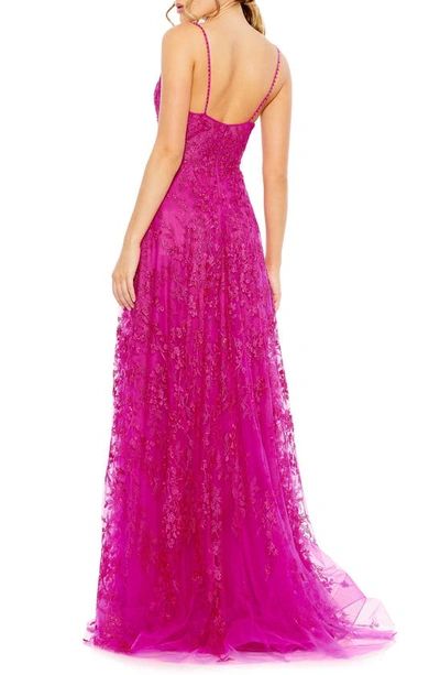 Mac Duggal Floral Applique Cami A Line Gown In Fuchsia