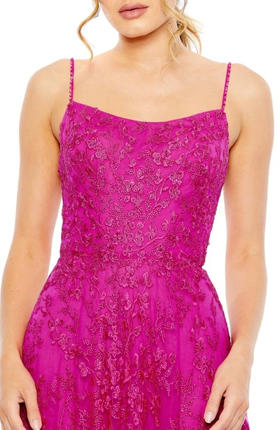 Mac Duggal Floral Applique Cami A Line Gown In Fuchsia