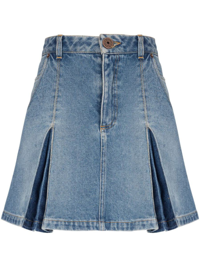 Shop Balmain Pleated Denim Skirt In Blue