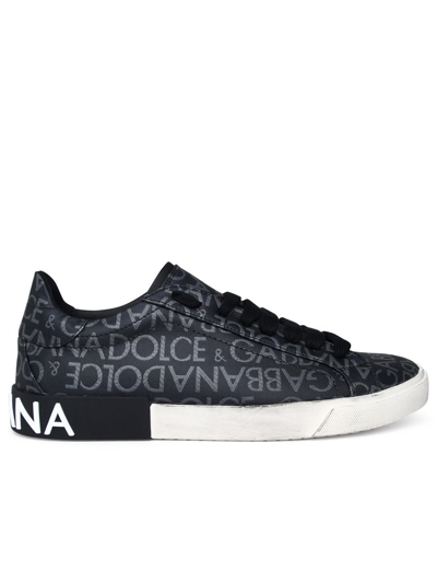 Shop Dolce & Gabbana Black Leather Portofino Sneakers In Grey